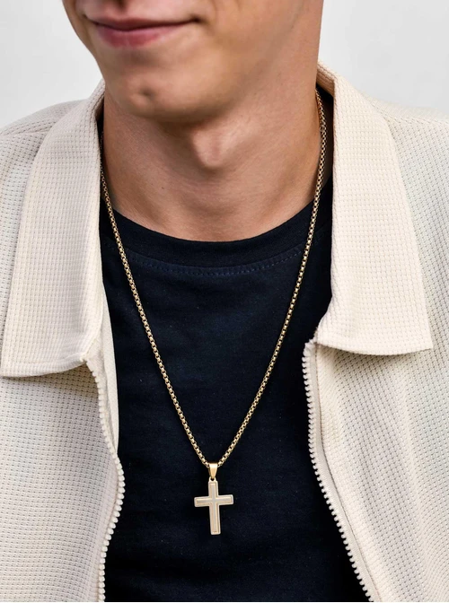 Naszyjnik męski, krzyż, stal pozłacana S311532Z00