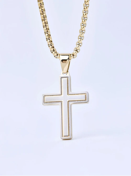 Naszyjnik męski, krzyż, stal pozłacana S311532Z00