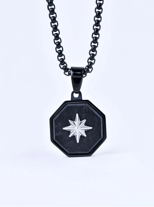 Naszyjnik męski, róża wiatrów, czarny, stal S311537S01