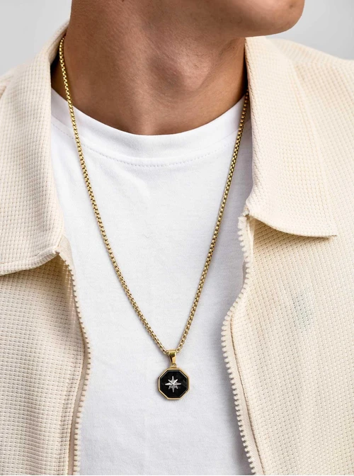 Naszyjnik męski, róża wiatrów, stal pozłacana S311536Z00