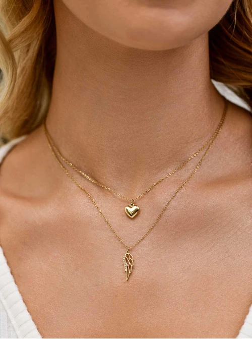 Naszyjnik podwójny, serce, skrzydełko, stal pozłacana S311827Z00