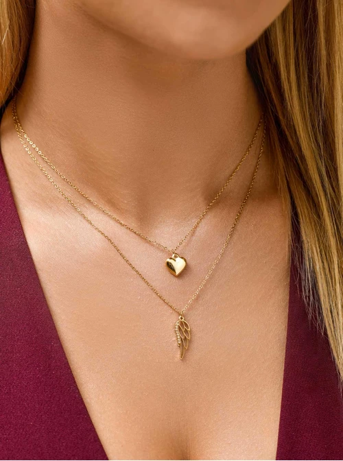 Naszyjnik podwójny, serce, skrzydełko, stal pozłacana S311827Z00