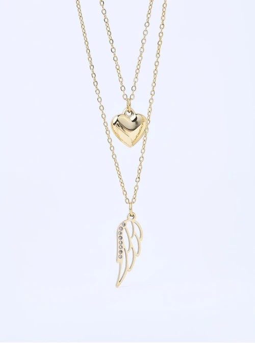Naszyjnik podwójny, serce, skrzydełko, stal pozłacana S311827Z00