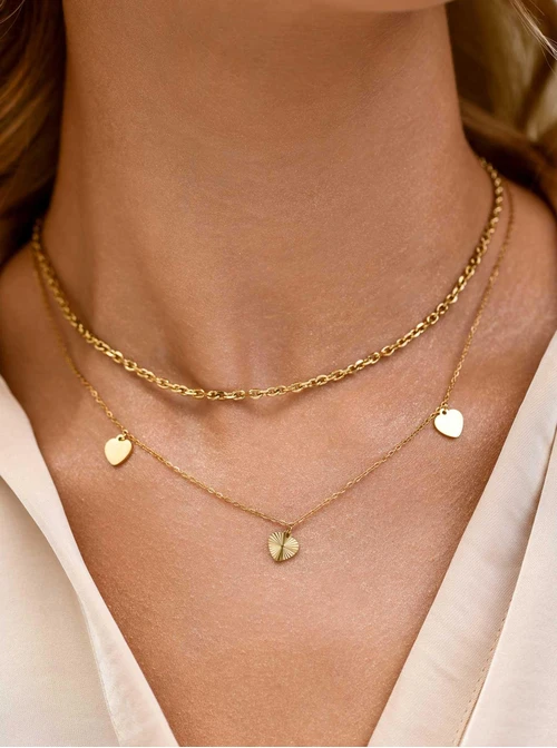 Naszyjnik podwójny, serduszka, stal pozłacana S311807Z00