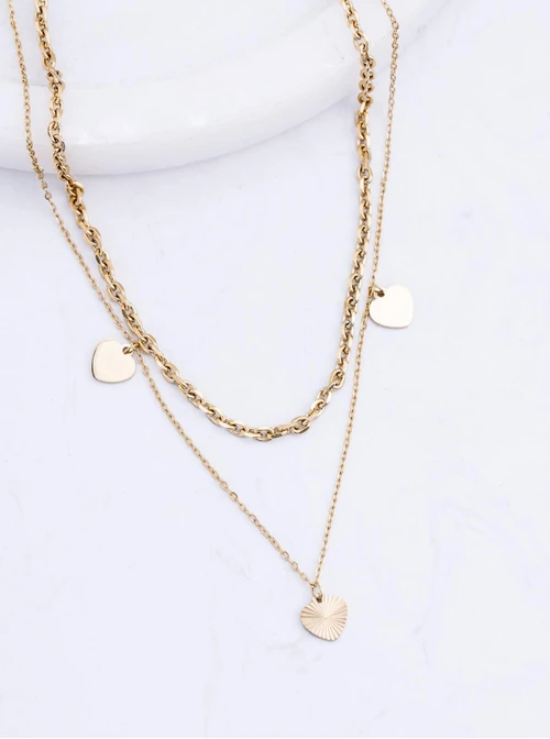 Naszyjnik podwójny, serduszka, stal pozłacana S311807Z00