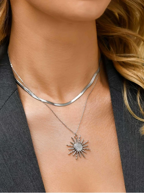 Naszyjnik podwójny, żmijka, Słońce, kryształki, stal S311316S00