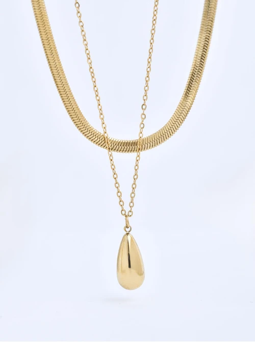 Naszyjnik podwójny, żmijka, kropla, stal pozłacana S311482Z00