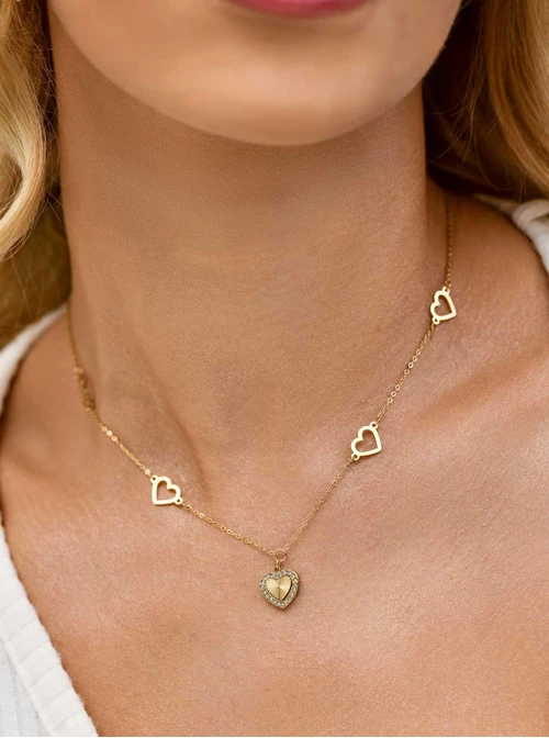 Naszyjnik serduszka, kryształki, stal pozłacana S311818Z00