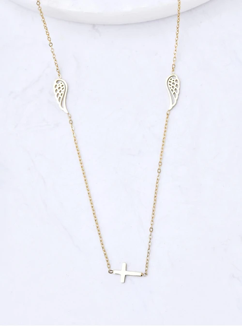 Naszyjnik skrzydełka, krzyżyk, stal pozłacana S311830Z00