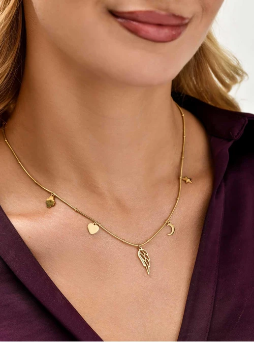 Naszyjnik skrzydełko kryształki, stal pozłacana S311812Z00