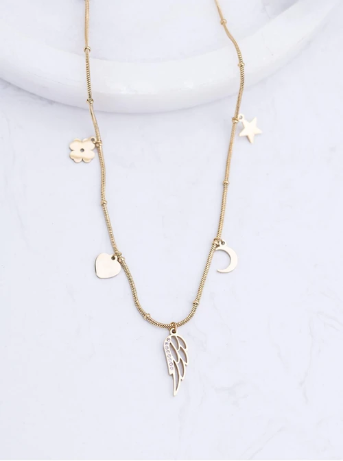 Naszyjnik skrzydełko kryształki, stal pozłacana S311812Z00