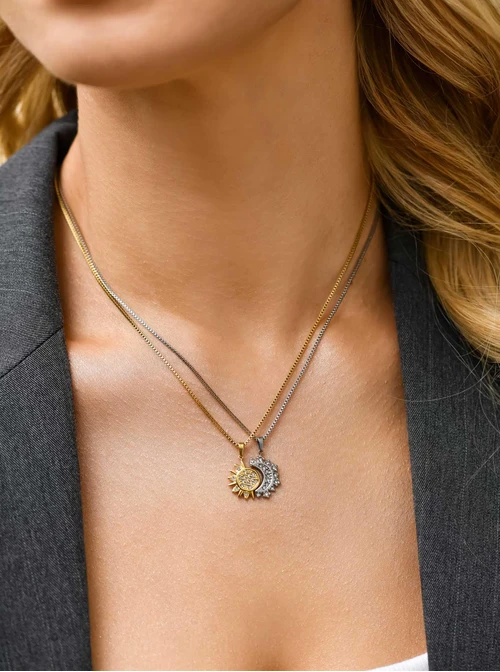 Naszyjnik słońce, kryształki, stal pozłacana, S311318Z00