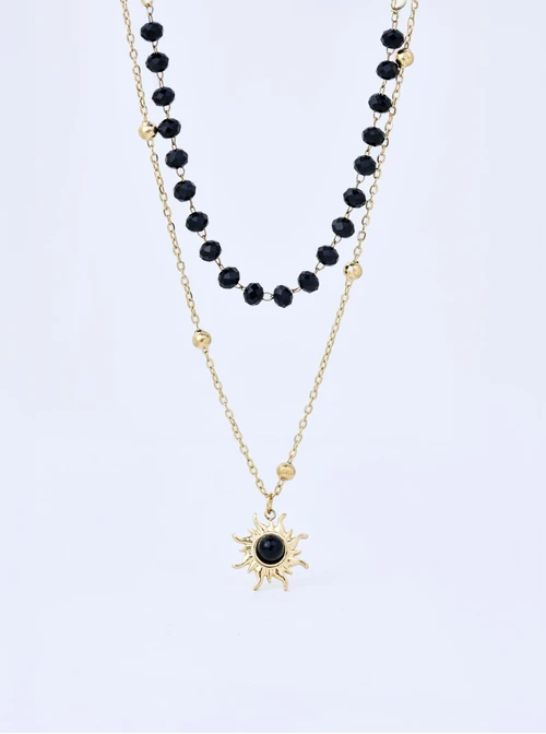Naszyjnik słoneczko, Obsydian, kryształki, stal pozłacana S311381Z01