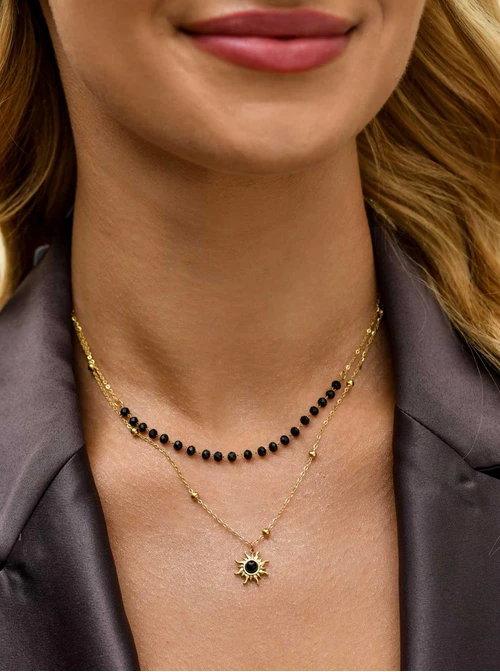 Naszyjnik słoneczko, Obsydian, kryształki, stal pozłacana S311381Z01