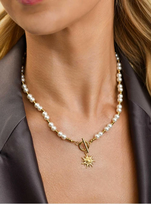 Naszyjnik z perełkami, słońce, stal pozłacana, S310683Z02