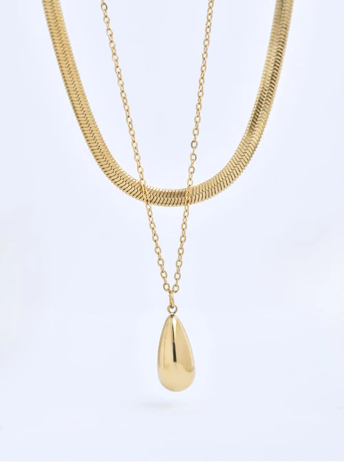 Naszyjnik podwójny, żmijka, kropla, stal pozłacana S311482Z00