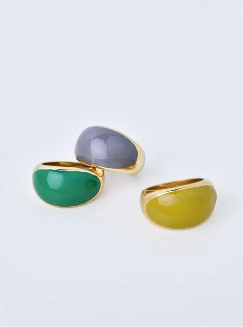 Pierścionek dmuchany z oliwkową emalią, stal pozłacana S410789Z05