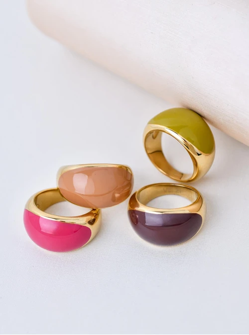 Pierścionek dmuchany z oliwkową emalią, stal pozłacana S410789Z05