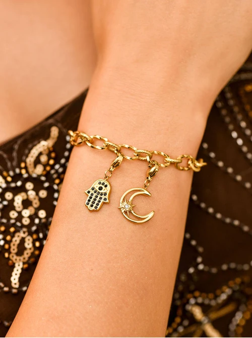 Zawieszka charms, Ręka Fatimy, kryształki, stal pozłacana, SC11402Z00