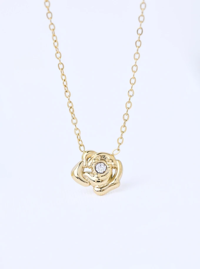 Naszyjnik kwiat, kryształek, stal pozłacana S311629Z00