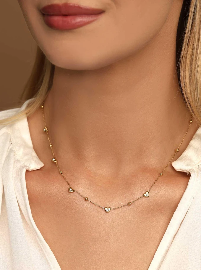 Naszyjnik serduszka, kryształki, stal pozłacana S312290Z00