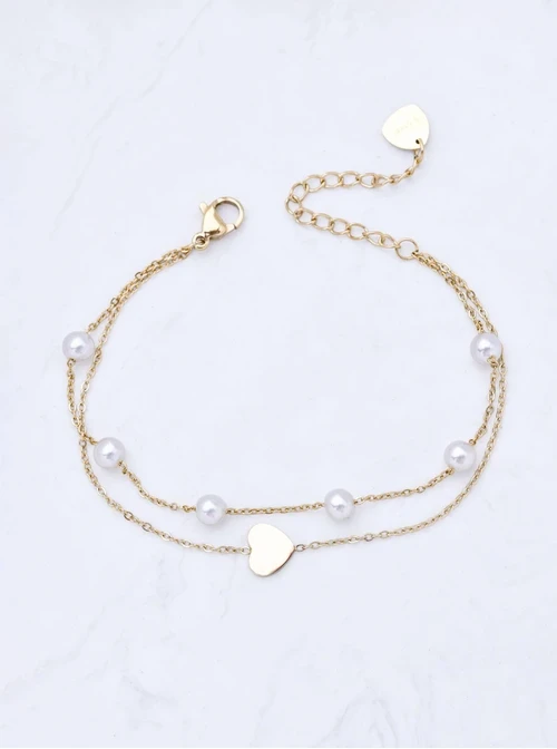 [Zestaw] Naszyjnik podwójny serduszko, perełki, stal pozłacana S311592Z00