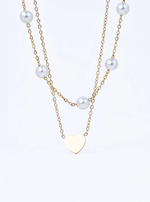 [Zestaw] Naszyjnik podwójny serduszko, perełki, stal pozłacana S311592Z00