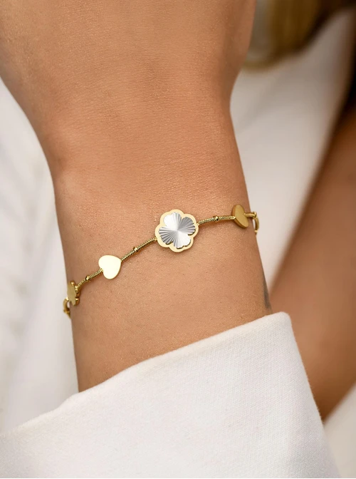 Bransoletka koniczynki, serduszka, stal pozłacana S112130Z00