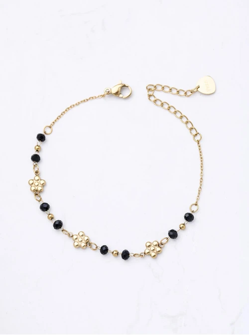 Bransoletka kwiatuszki, czarne kryształki, stal pozłacana S111804Z01