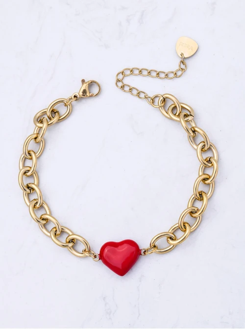 Bransoletka łańcuch, czerwone serduszko, stal pozłacana S112277Z03