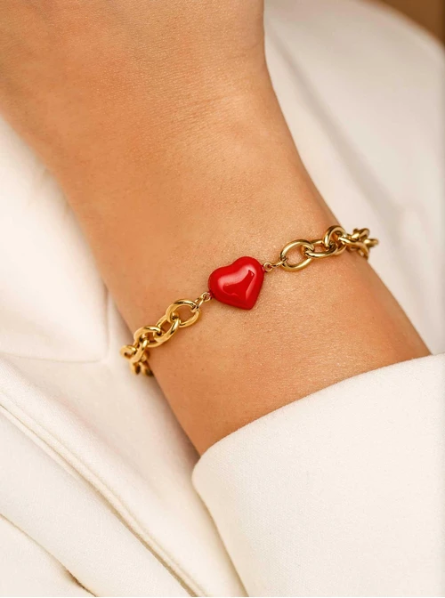 Bransoletka łańcuch, czerwone serduszko, stal pozłacana S112277Z03