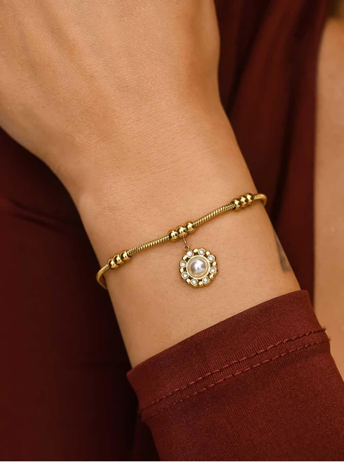 Bransoletka perełka, kuleczki, stal pozłacana S111689Z00