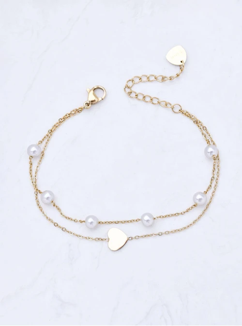 Bransoletka podwójna serduszko, perełki, stal pozłacana S111593Z00