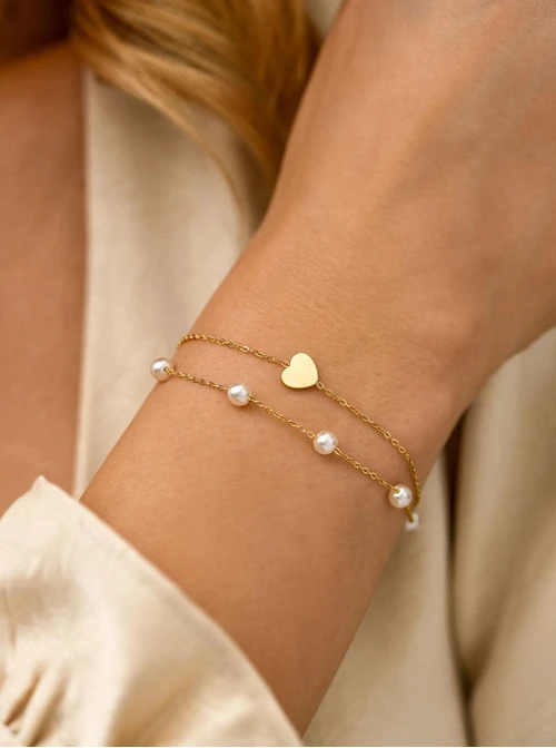 Bransoletka podwójna serduszko, perełki, stal pozłacana S111593Z00