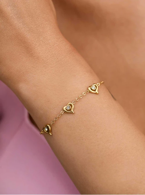 Bransoletka serduszka, kryształki, stal pozłacana S112505Z00