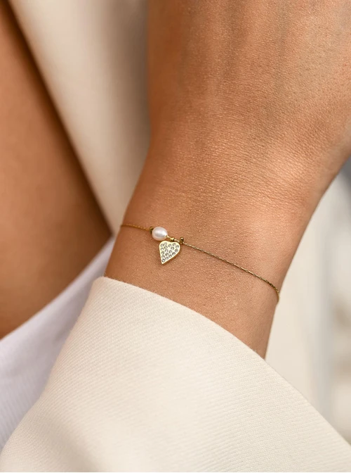 Bransoletka serduszko, kryształki, perełka, stal pozłacana S112361Z00