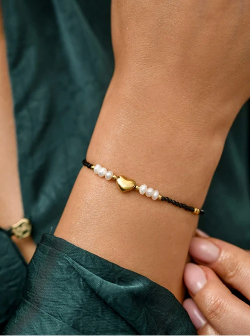 Bransoletka serduszko, perełki, stal pozłacana S111794Z01