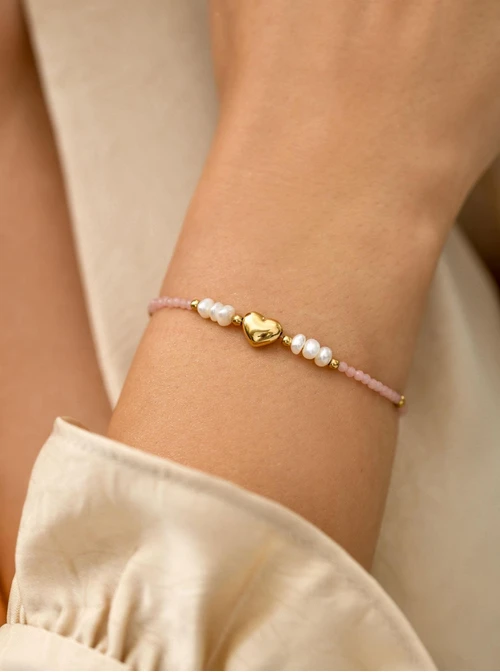 Bransoletka serduszko, perełki, stal pozłacana S111796Z06