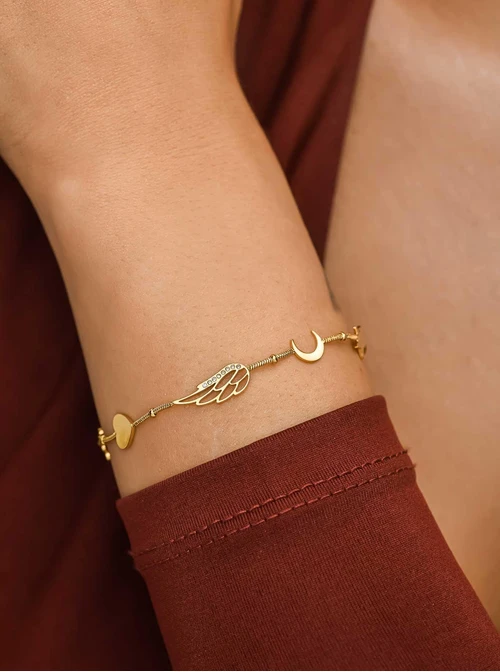 Bransoletka skrzydełko, serce, księżyc, stal pozłacana  S112129Z00