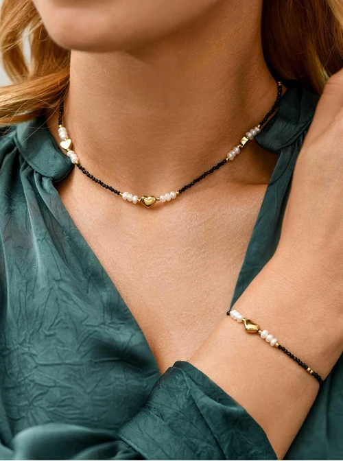 Choker serduszka, perełki, stal pozłacana S311793Z01