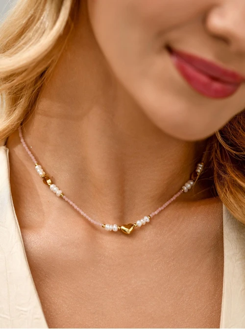 Choker serduszka, perełki, stal pozłacana S311795Z06