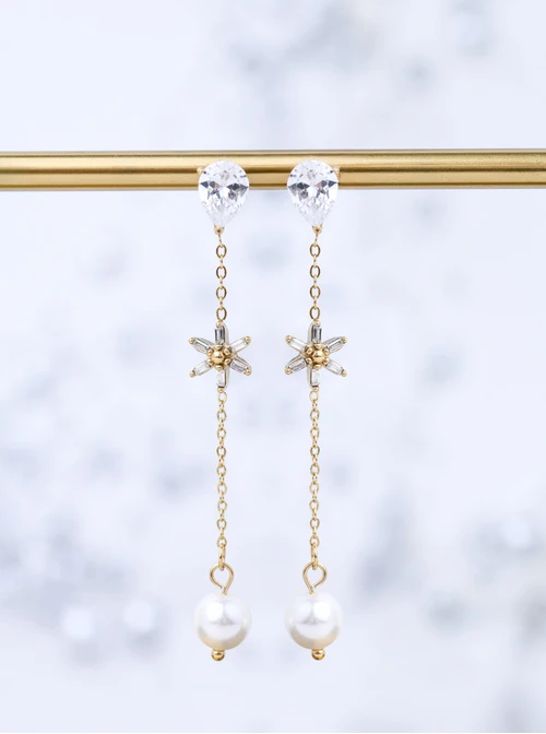 Kolczyki kwiatuszki z kryształkami, perełki, stal pozłacana S211657Z00