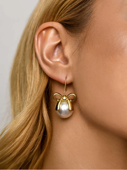 Kolczyki kokardki, perła, stal pozłacana  S211660Z00