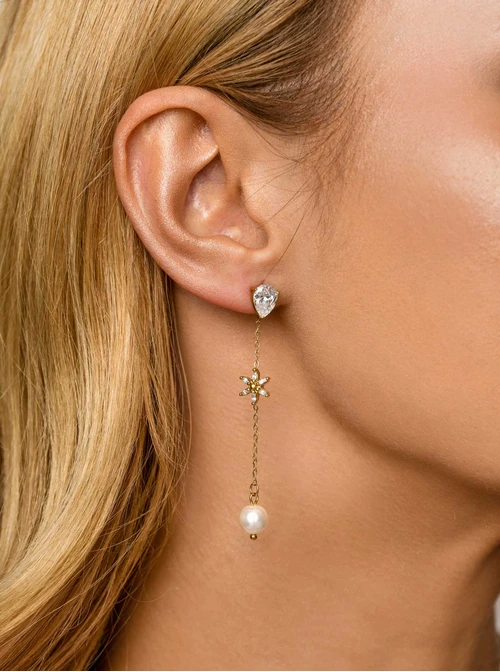 Kolczyki kwiatuszki z kryształkami, perełki, stal pozłacana S211657Z00