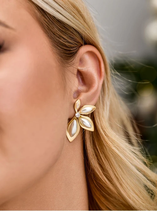 Kolczyki Kwiaty, perełki, kryształek, stal pozłacana, S211707Z00