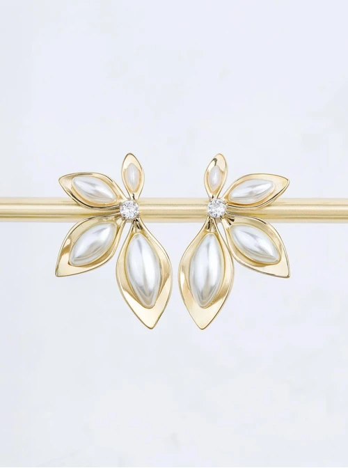 Kolczyki Kwiaty, perełki, kryształek, stal pozłacana, S211707Z00
