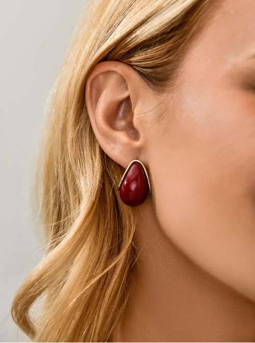 Kolczyki bordowe krople, stal pozłacana S211549Z03