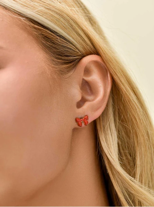 Kolczyki czerwone kokardki, stal pozłacana S211695Z03