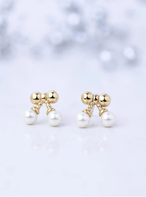 Kolczyki kokardki z perełkami, stal pozłacana S211734Z00