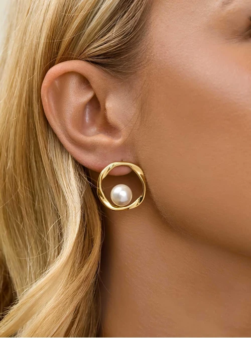 Kolczyki kółko z perłą, stal pozłacana S211661Z00